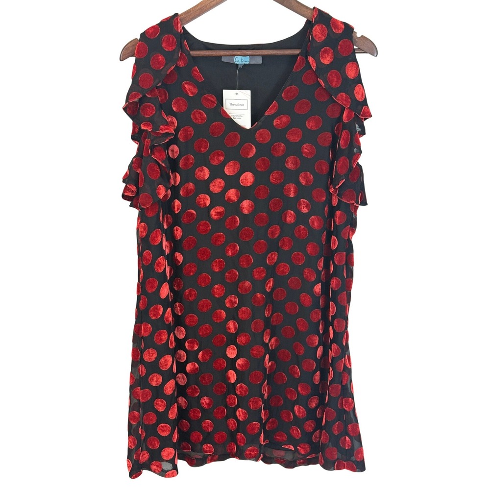 Eva Franco Black Red Velvet Burnout Polka Dot Mini Swing Dress Size 6